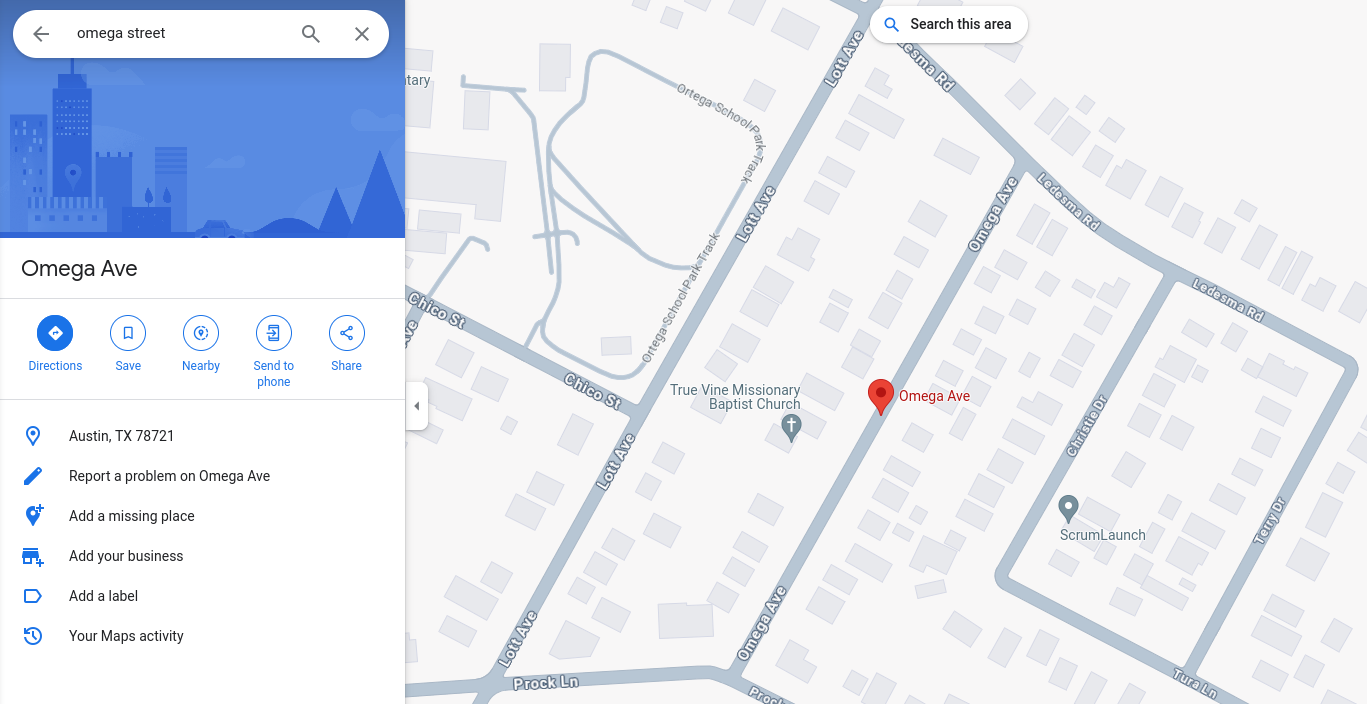 Google Maps screen shot for area around Omega St, Austin, Texas, USA